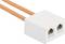 Two orange Ethernet cables are plugged into a white two-port network splitter.