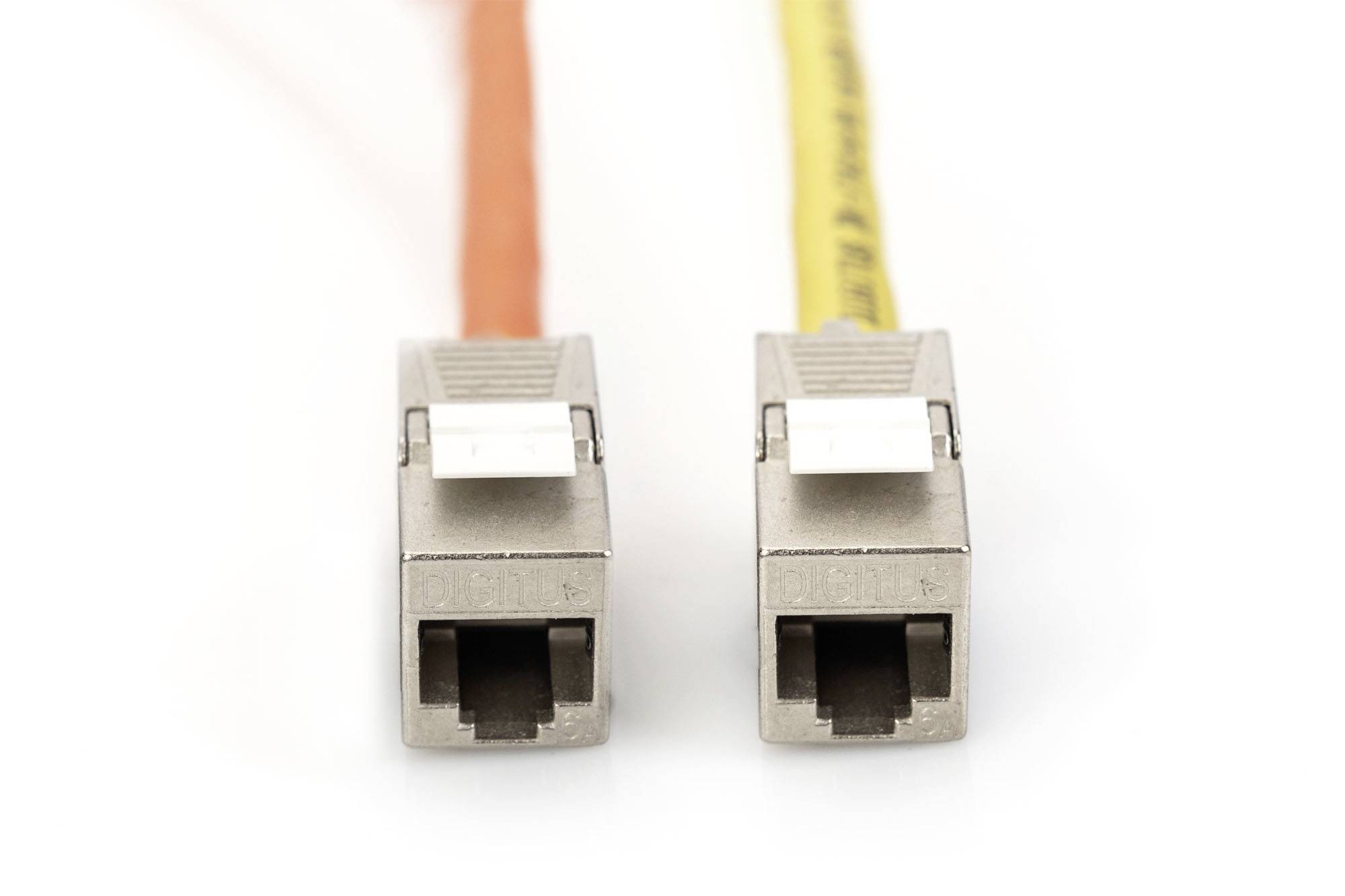 Two network plugs, one with an orange cable, the other with a yellow cable, side by side on a white background.