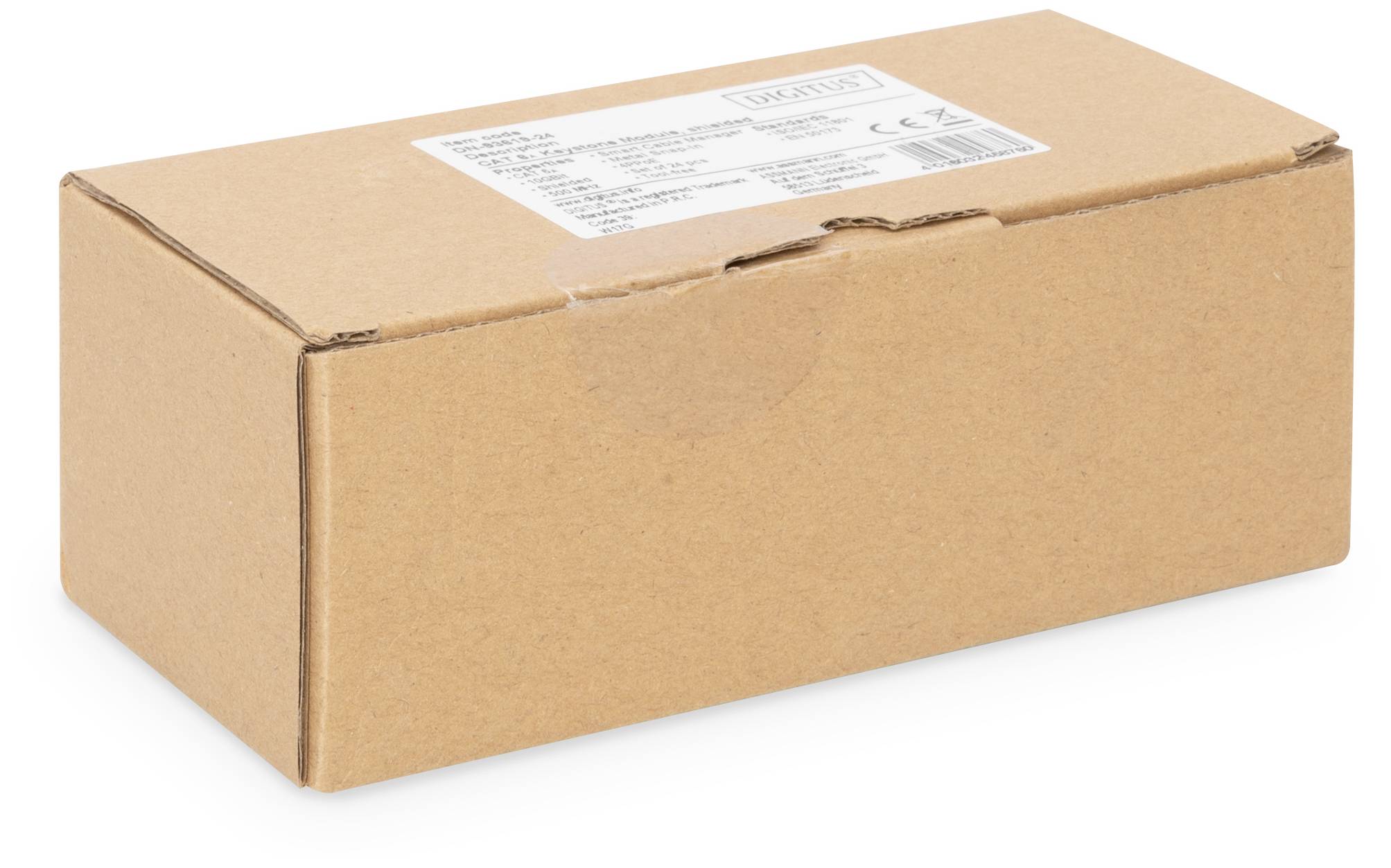 A brown cardboard box with a white label at the top. The label contains text in small font sizes, illegible in this image.