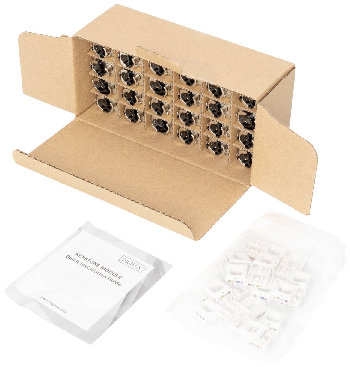 An open cardboard box displays several connectors. Beside it are two bags, one containing instructions and the other with additional components.