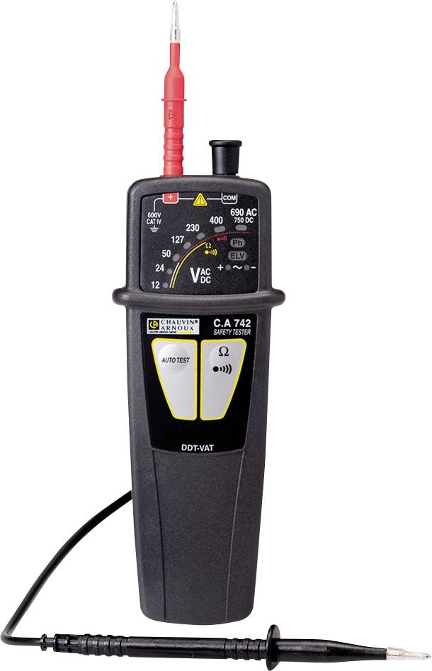 Electric voltage tester with red and black probe, displaying measurement range scale on digital display for voltage and resistance.