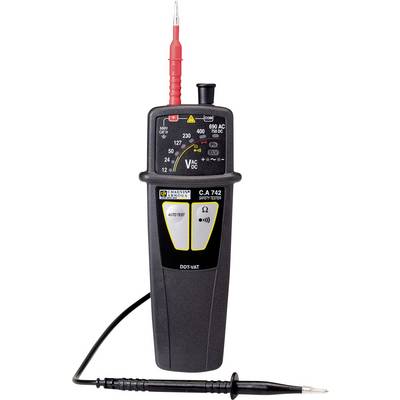 Electric voltage tester with red and black probe, displaying measurement range scale on digital display for voltage and resistance.