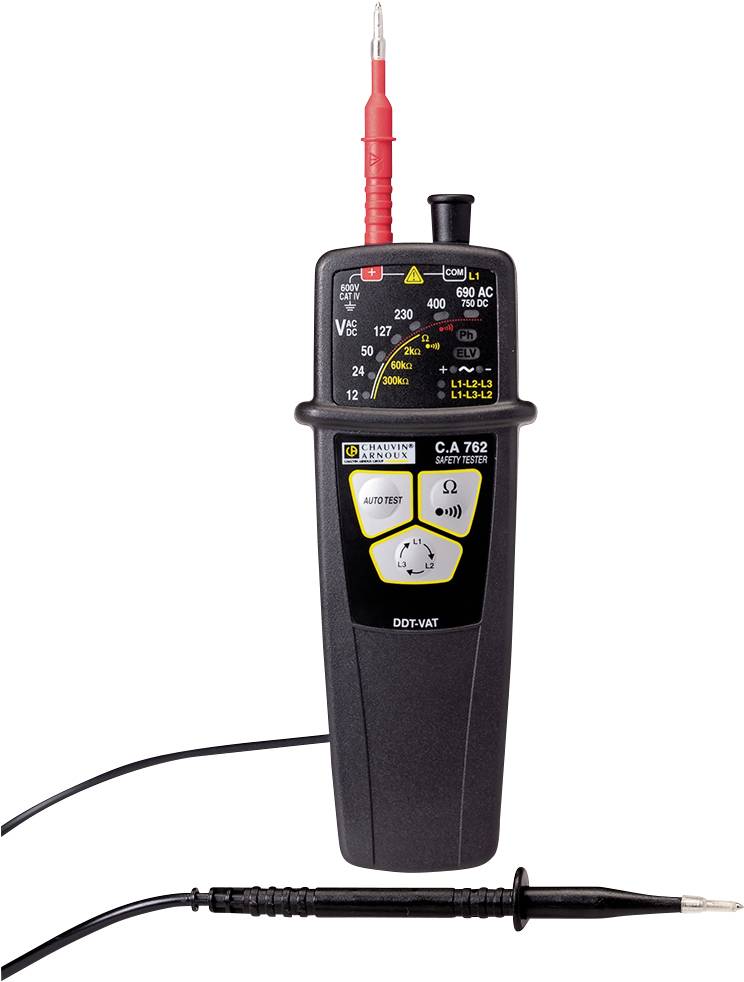 Voltage tester with digital display of voltage readings. Shows measurements in volts and ranges for direct and alternating current. Two test leads.