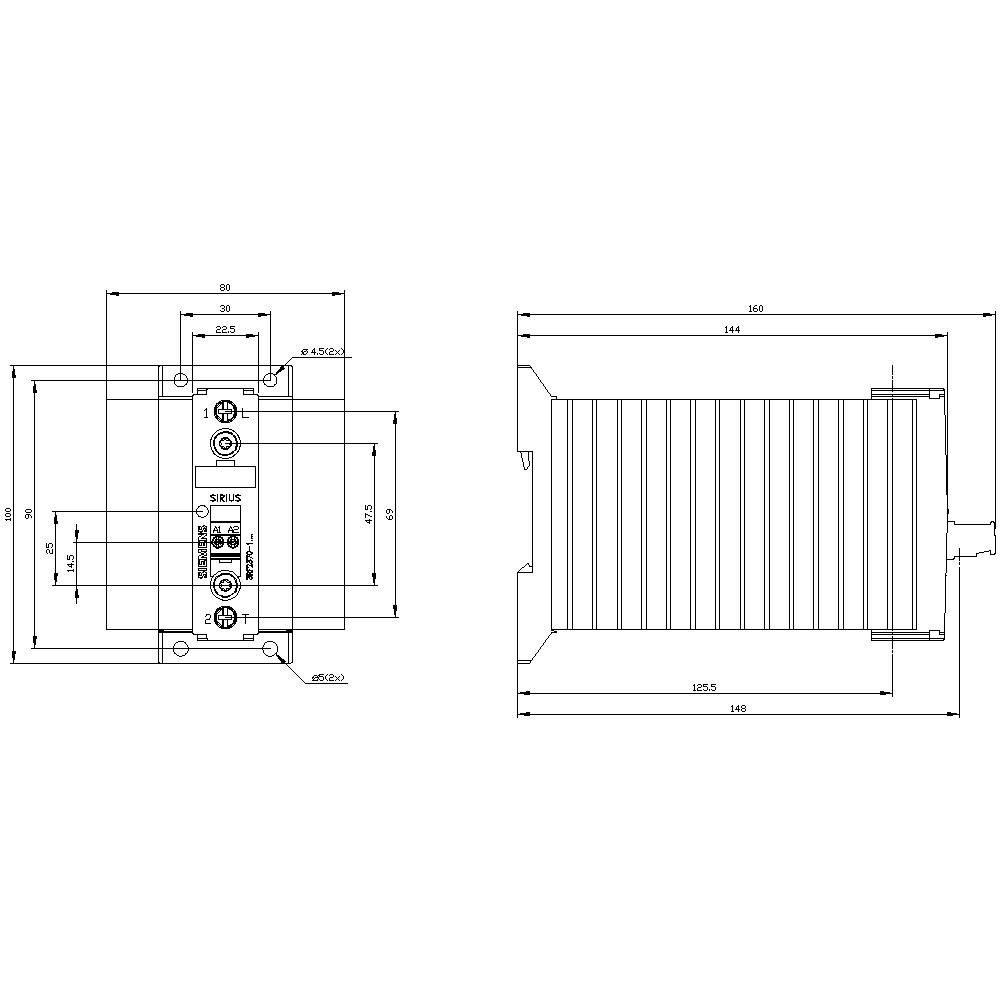 Technical drawing of a rectangular component with detailed view and dimensions. Left: Front view with connection details, right: Side view.