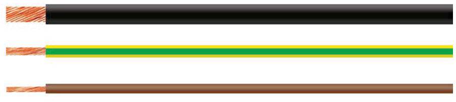Three electrical cables: black, green-yellow striped, and brown. Copper wires at the ends are visible.
