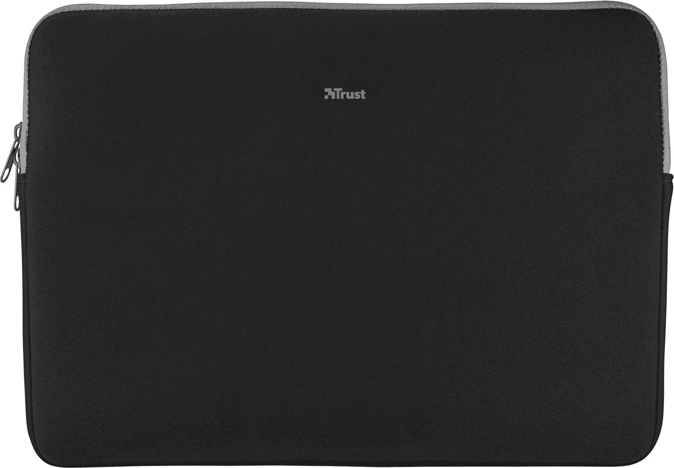 'Black laptop sleeve with zip', featuring a small 'iTrust' logo centred at the top. The surface appears smooth and understated.