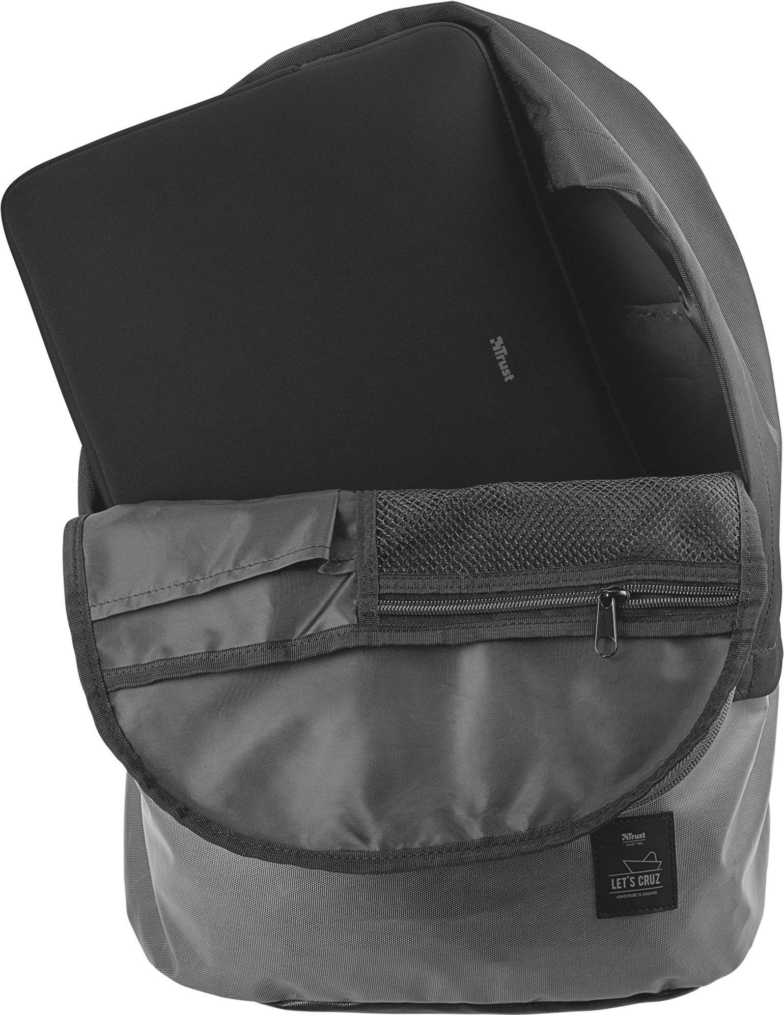 A grey rucksack with a laptop protruding from the open main compartment. The laptop is black and part of the inner section is visible.