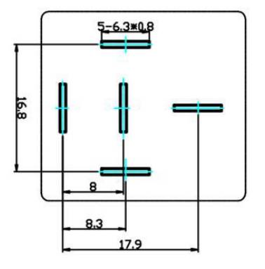 Technical Drawing of Socket: Shows Dimensions of 16.8 mm Height and 17.9 mm Width, with Holes for Plug Spacing.