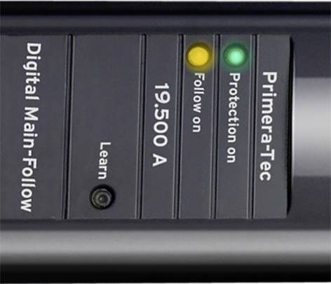 A digital device displaying '19,500 A'. Yellow light for 'Follow on' and green light for 'Protection on'.