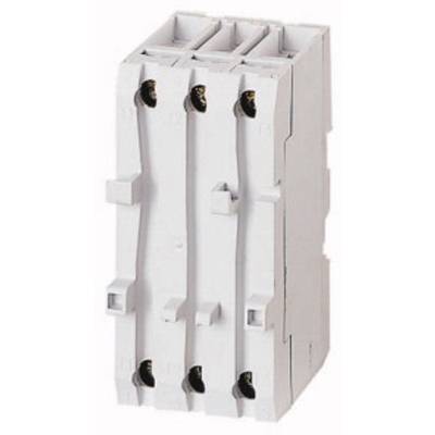 Grey-white, three-pole electrical power switch for industrial applications, vertically oriented.