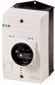 White industrial three-phase switch for controlling electrical devices, with a black operating button at the front.