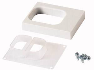 Plastic handle set with oval opening, two plates and four fixing screws. Suitable for furniture or drawers.