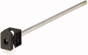 A long metal rod with a black plastic block at one end. The block has a square hole in its centre.