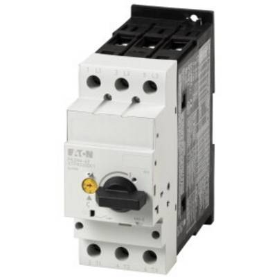 An electronic device with a black rotary knob and white casing, typically a circuit breaker, with multiple connection points.