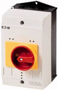 Electric rotary switch in an enclosure with a yellow and red handle, likely for use in control panels or switchboards.
