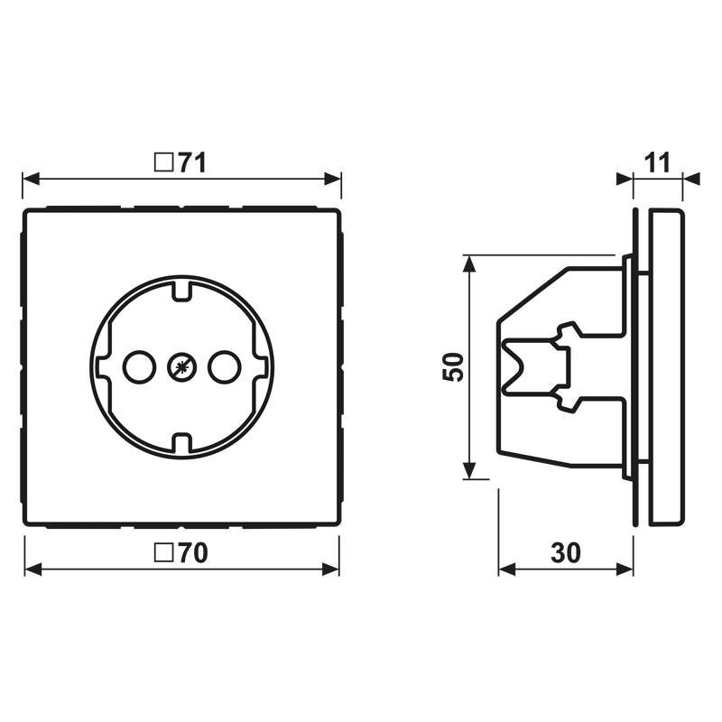 Technical line drawing of a round electrical wall socket; front and side views with dimensions 71, 70, 50, 30, and 11 mm.<br>