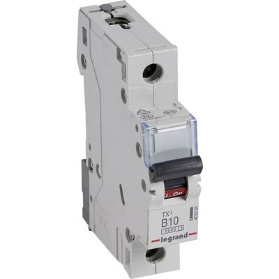 Circuit breaker with a black lever and transparent protective cover. Marked with 'B10', manufacturer 'Legrand'.