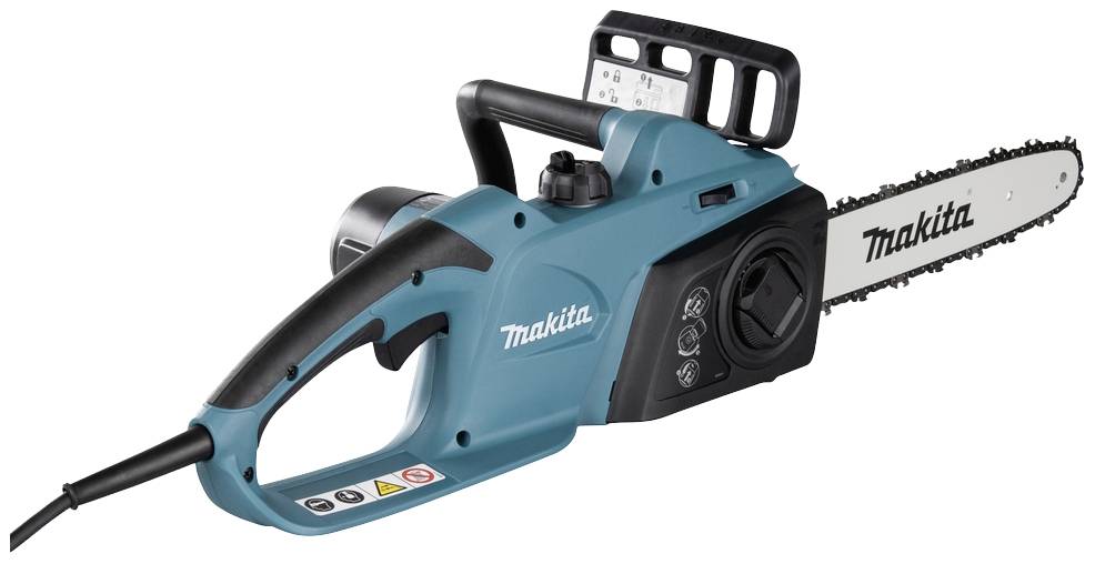 Electric chainsaw in turquoise with a black handle and guide bar by Makita, perfect for woodcutting tasks.