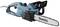 Electric chainsaw in blue with leading brand on guide bar. Suitable for woodworking and garden tasks.
