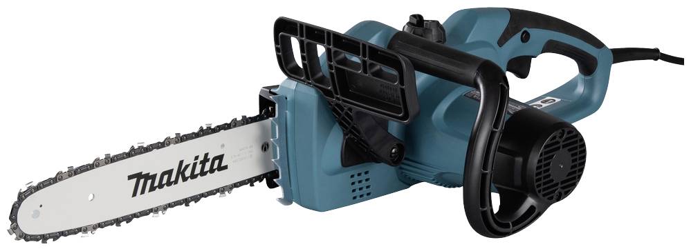 Electric chainsaw with a blue casing and black handle, suitable for woodworking. Brand name visible on the guide bar cover.