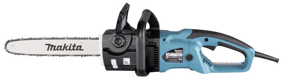 Electric chainsaw with a blue-black housing and a blade length of approximately 35 cm, suitable for woodworking.