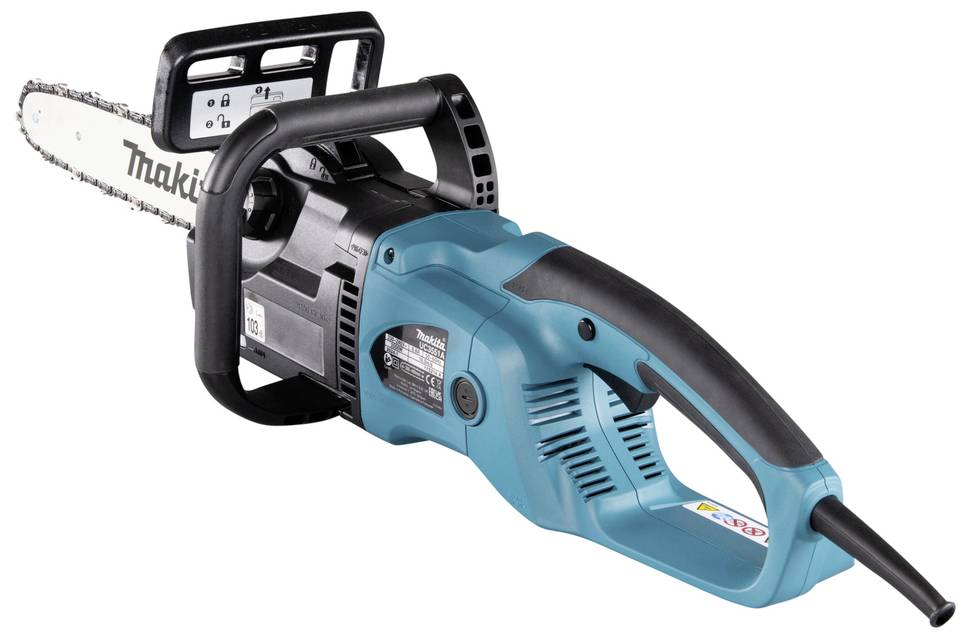 A blue electric chainsaw with a black handle and guide bar cover. Corded; 'Makita' brand visible on the chain.