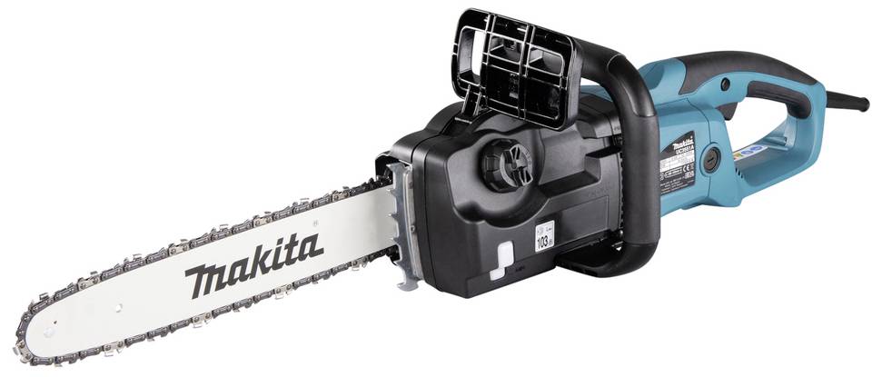 Electric chainsaw with blue and black casing. The saw has a long cutting chain and the brand name 'Makita'.
