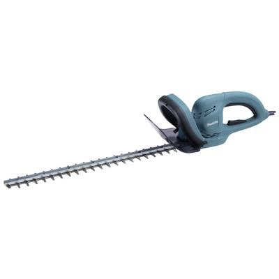 Electric hedge trimmer with blue handle and long double blade. Primarily used for cutting hedges and shrubs.