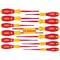 Set of twelve screwdrivers with red handles and yellow accents, 'Wiha' brand, arranged in two rows.