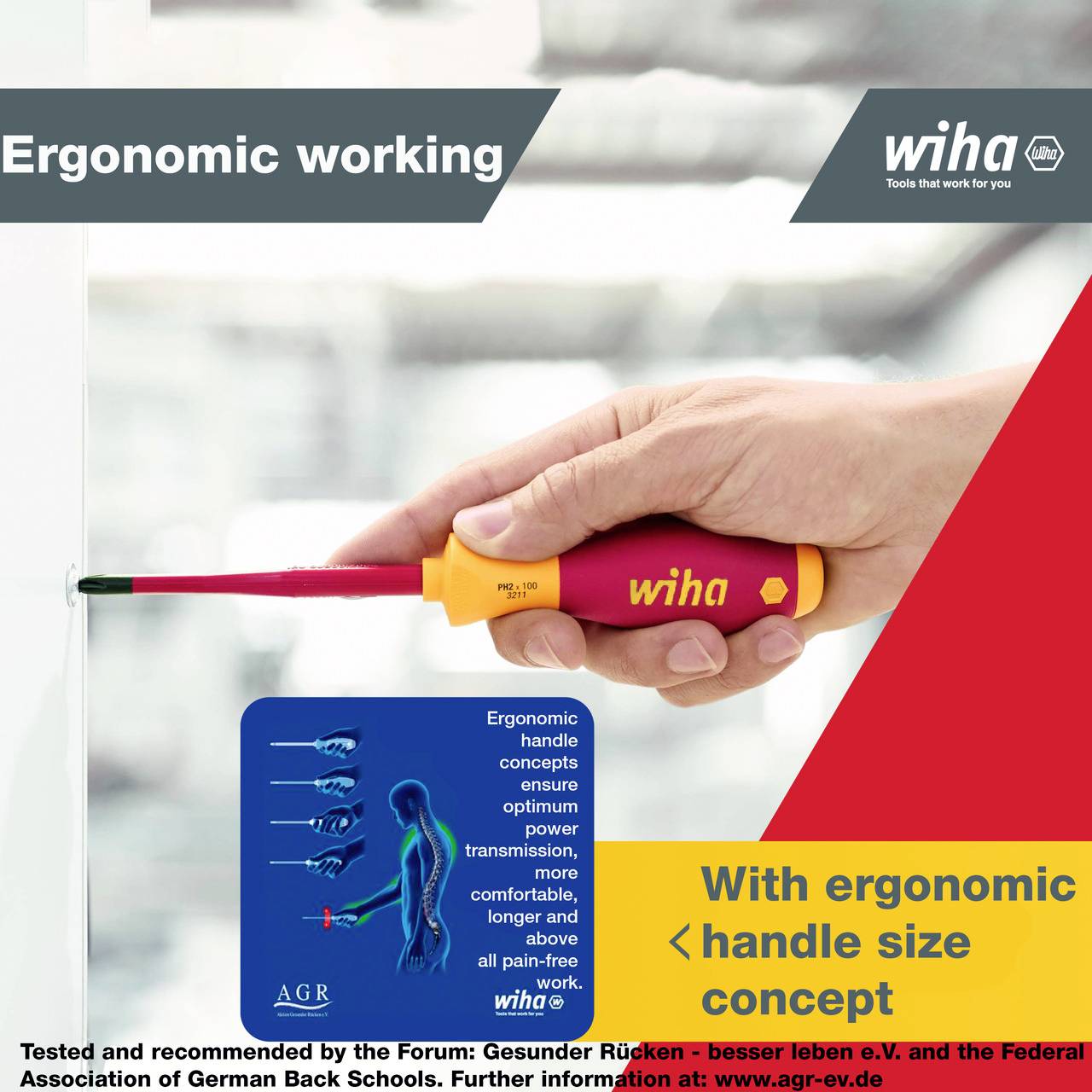 'A hand using a red screwdriver to work on an open electrical control panel. Wiha Slim Blade.'