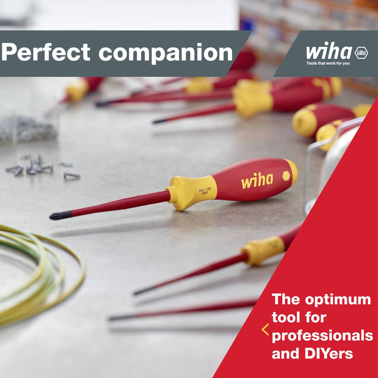 The image shows a hand holding an ergonomic screwdriver by Wiha. In the background, it reads 'Working ergonomically'. A diagram illustrates the ergonomic grip concept.