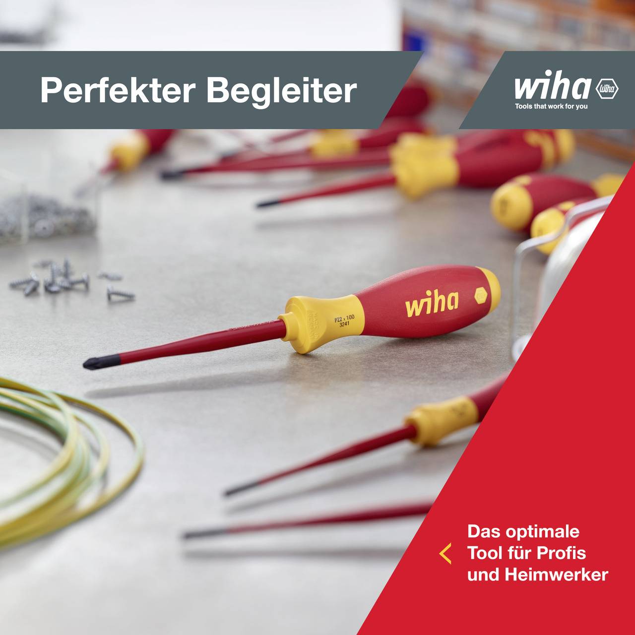 Screwdriver with red and yellow handle on workbench. Text at the top: 'Perfect Companion'. Brand logo on the right: 'The optimal tool for professionals and DIY enthusiasts'.