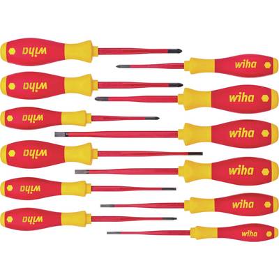 Twelve red and yellow screwdrivers with the 'Wiha' inscription, in various sizes and types, on a white background.