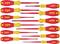 Twelve red and yellow screwdrivers with the 'Wiha' inscription, in various sizes and types, on a white background.