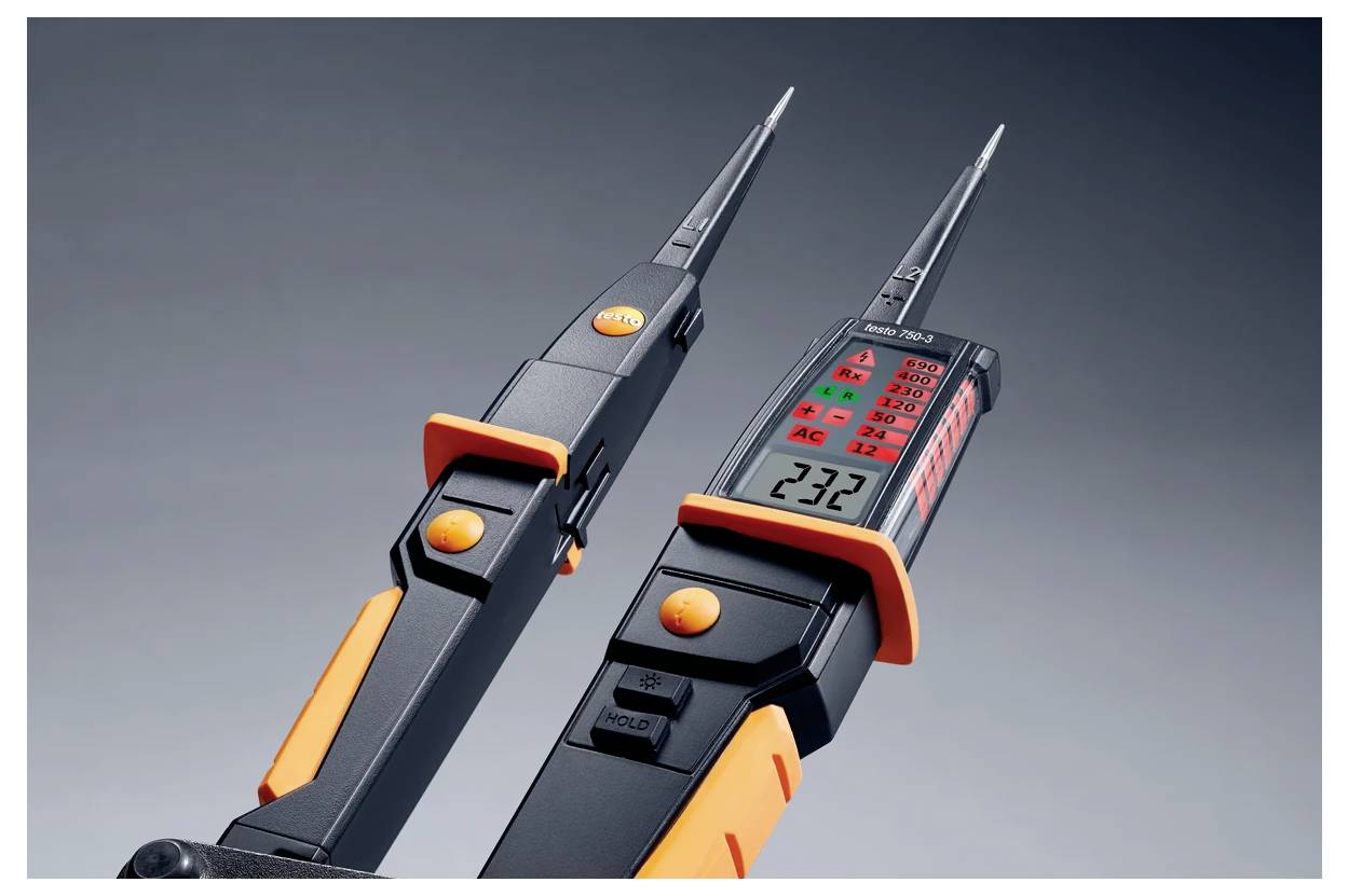 A digital voltage metre with display shows '232 V'. It has two test probes and is suitable for AC/DC measurements.