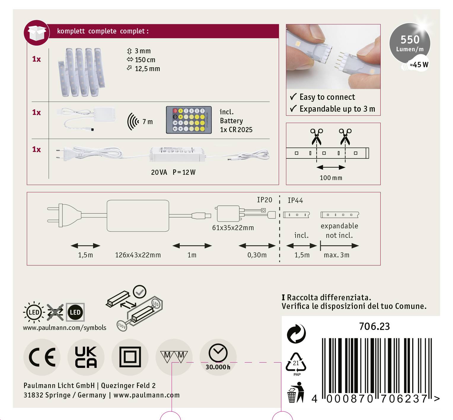 Back of LED Strip Set packaging, showing contents: LED strip, remote control, battery, and adapter. Note: 'Easy to connect, extendable up to 3 m'.