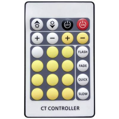 Remote control with buttons: light on/off, brightness up/down, mode change (flash, fade, fast, slow). Label: 'CT CONTROLLER'.