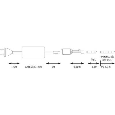 Power Supply Schematic: Plug, Adapter and LED Extension with Length Specifications (1.5 m/1 m/0.5 m). Extendable up to 3 m.