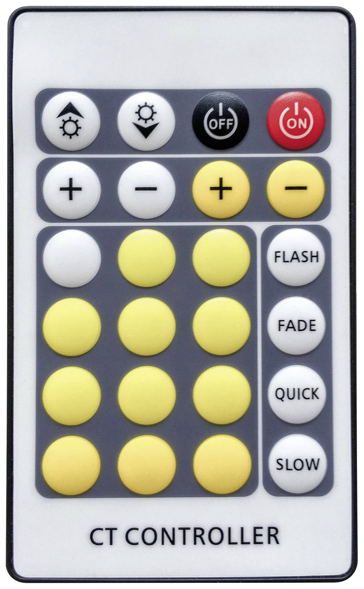 Remote control with buttons for lighting control. Top: On/Off, Brightness, Colour Temperature. Bottom: Flash, Fade, Quick, Slow.