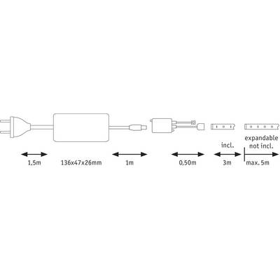 Figure shows a cable diagram: 1.5 m to power source, device 136x47x26 mm, 1 m cable, 0.5 m adapter, extension up to max. 5 m.