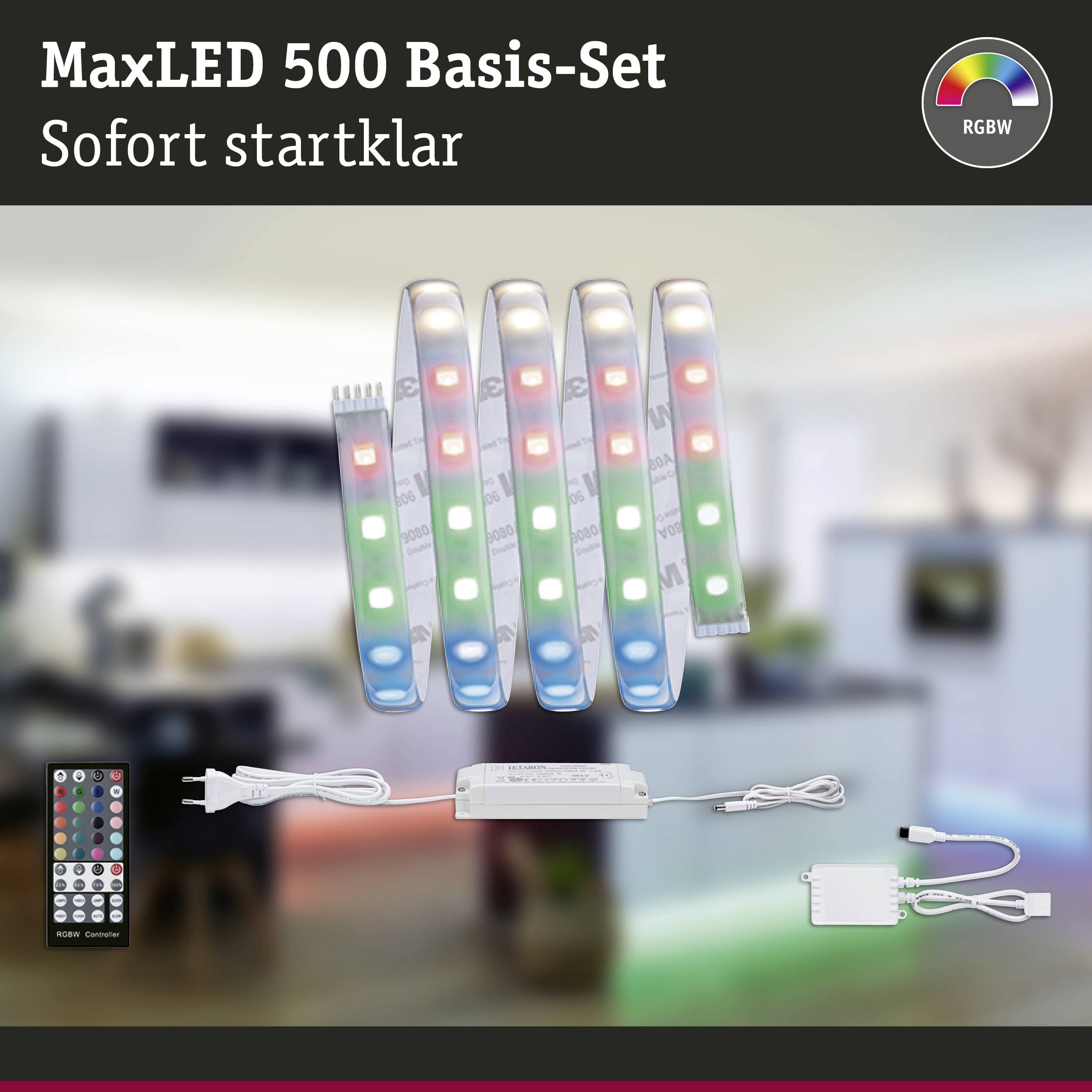 'MaxLED 500 Basic Set, ready to use straight away.' Pictured are LED light strips, a remote control and a power supply.