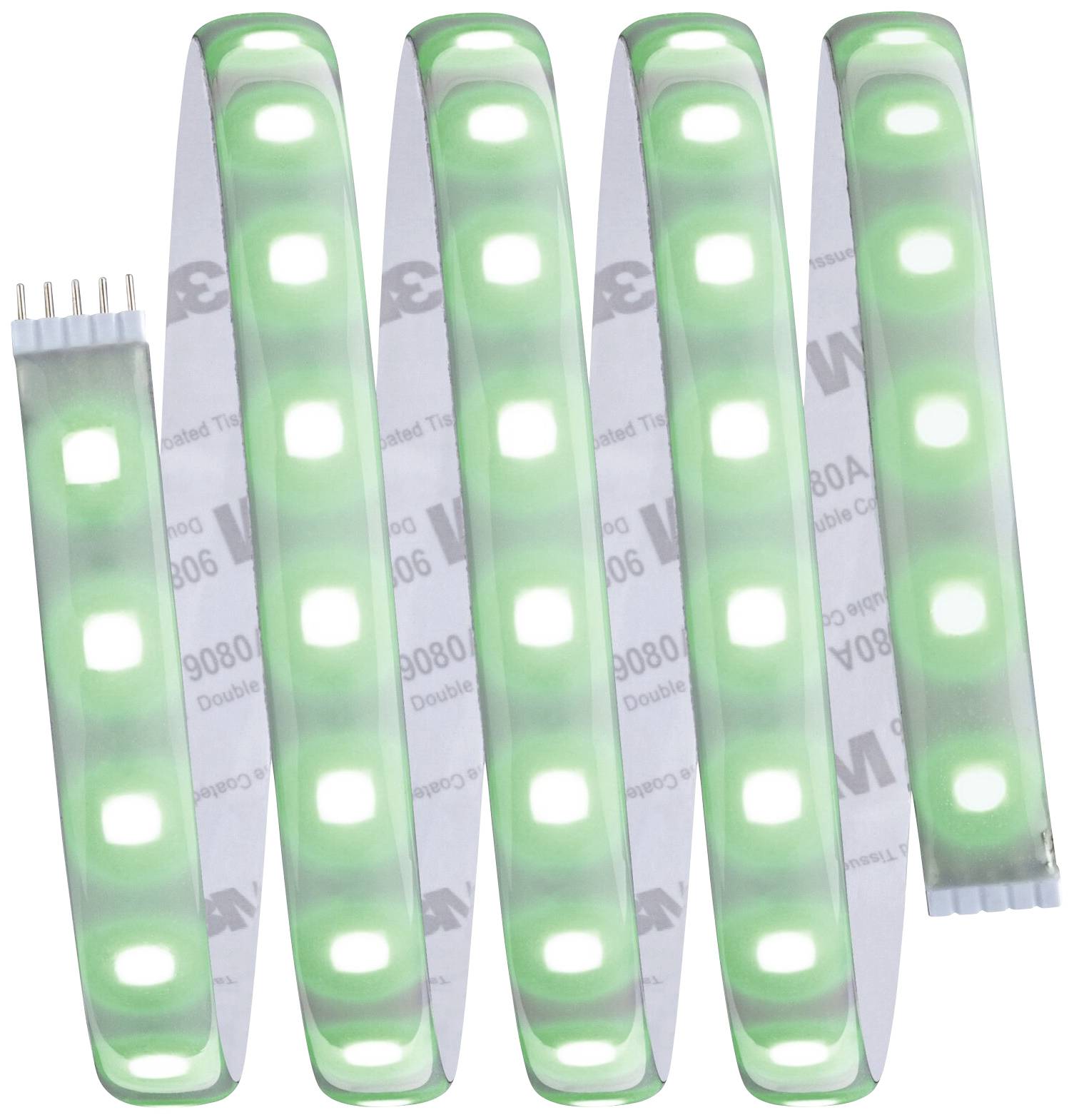 LED light strip with green and white illuminating diodes in a wave-like pattern. Ideal for decorative lighting.