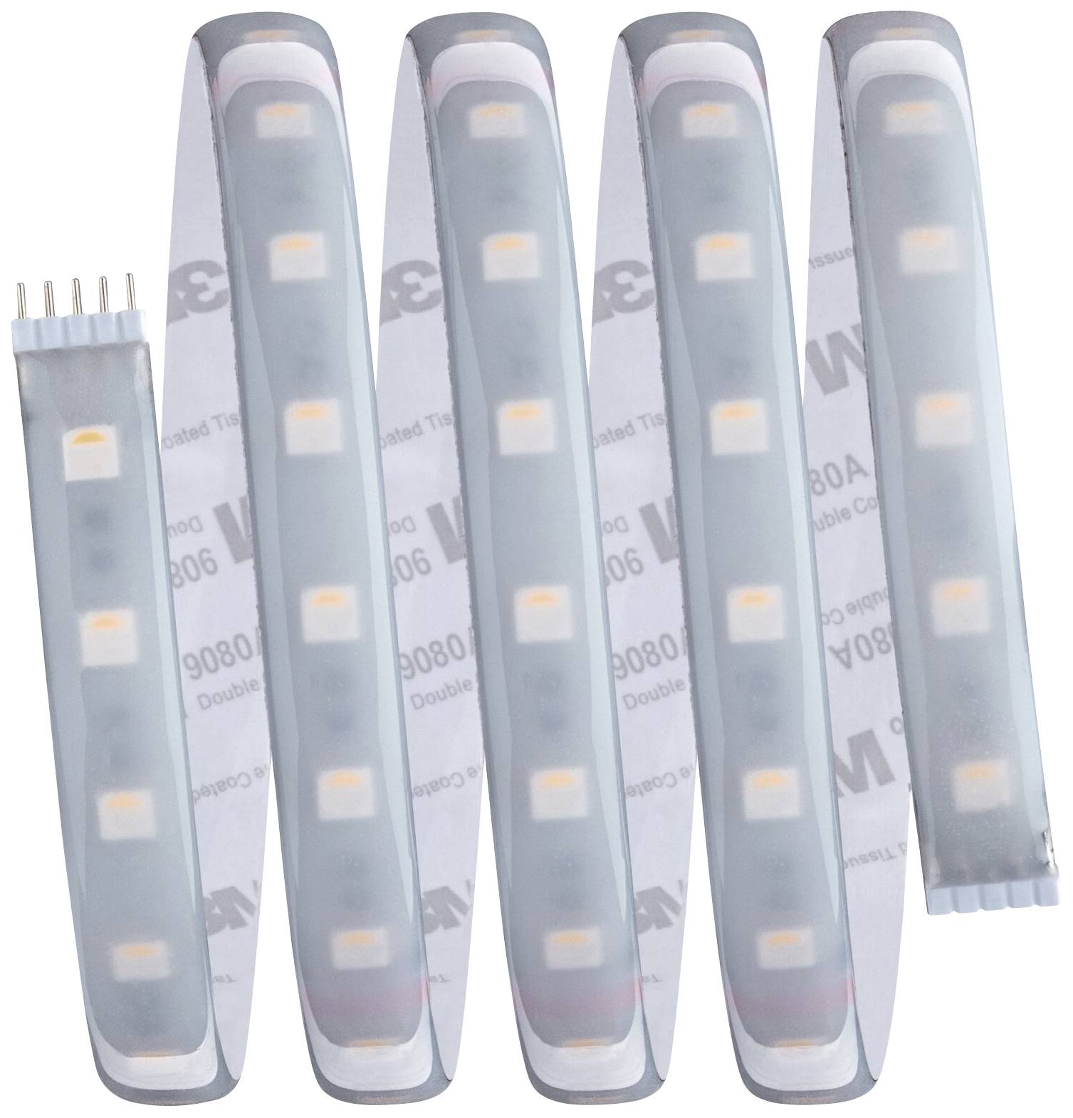 Five coiled LED light strips with white illumination. They are arranged side by side, displaying the lighting elements.