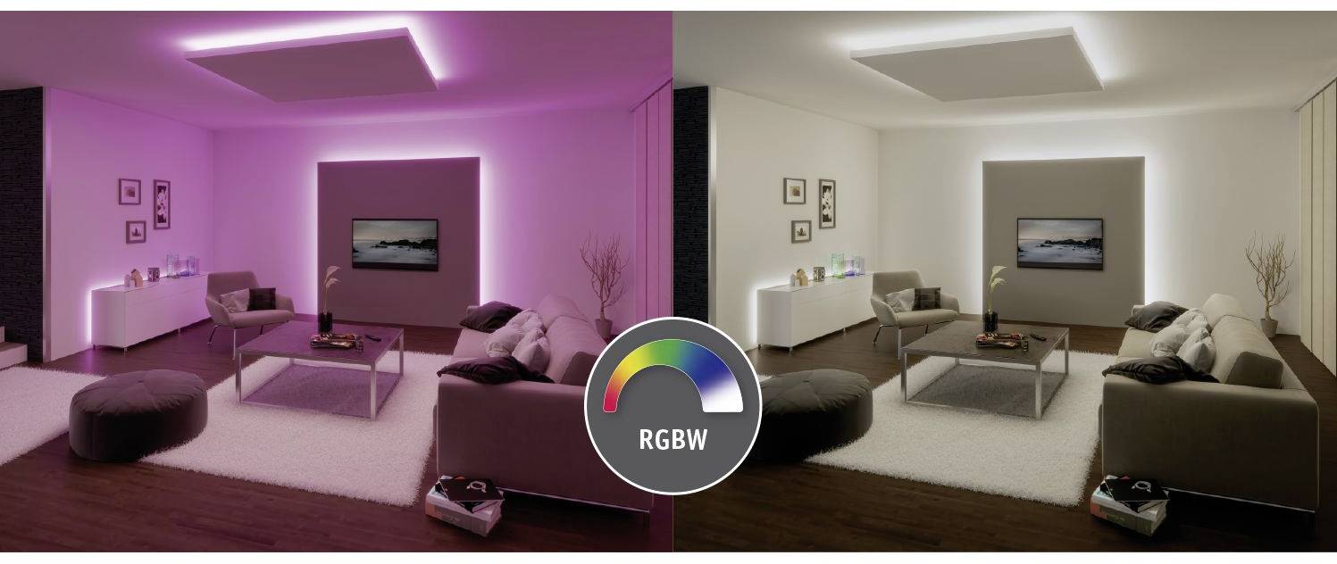'Two living rooms. Left: pink illuminated, right: white illuminated. Demonstrates varying RGBW lighting moods.'