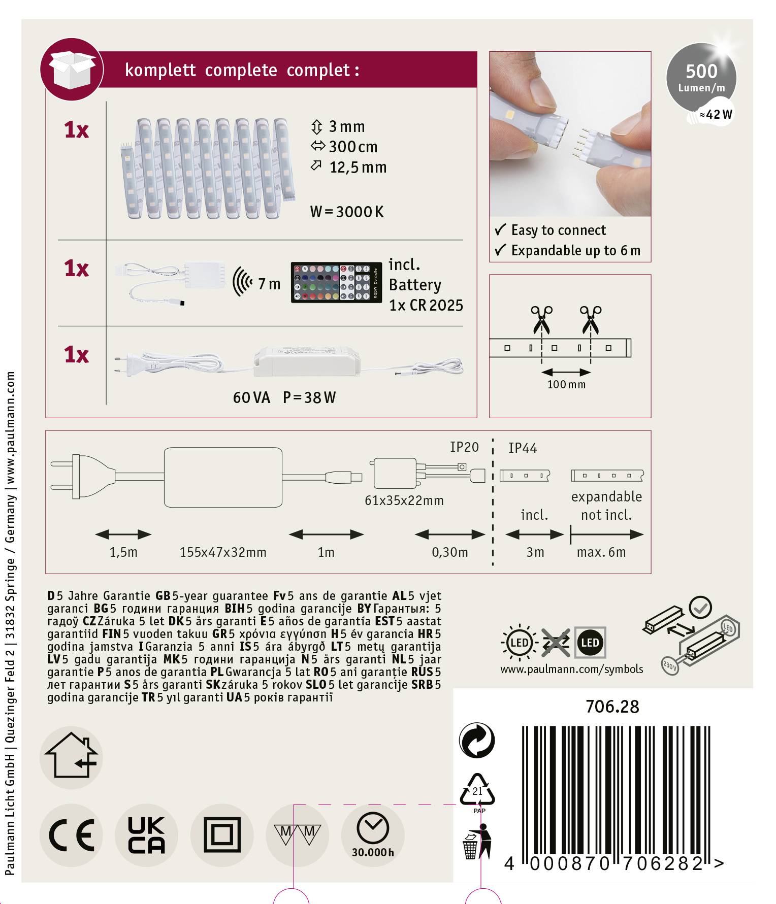 LED Light Strip Set: 500 Lumens, 6 m Length. Includes Remote Control, Batteries, Power Supply. Expandable, Easy Installation. 5 Year Warranty.