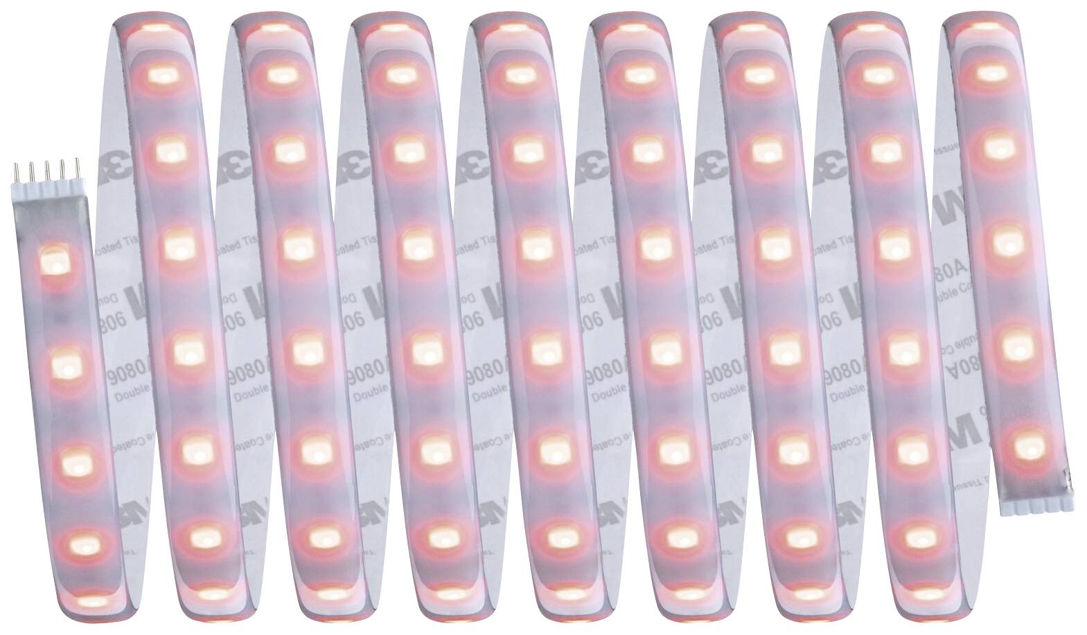 LED light strip with brightly red LEDs mounted at regular intervals on a white flexible carrier film.