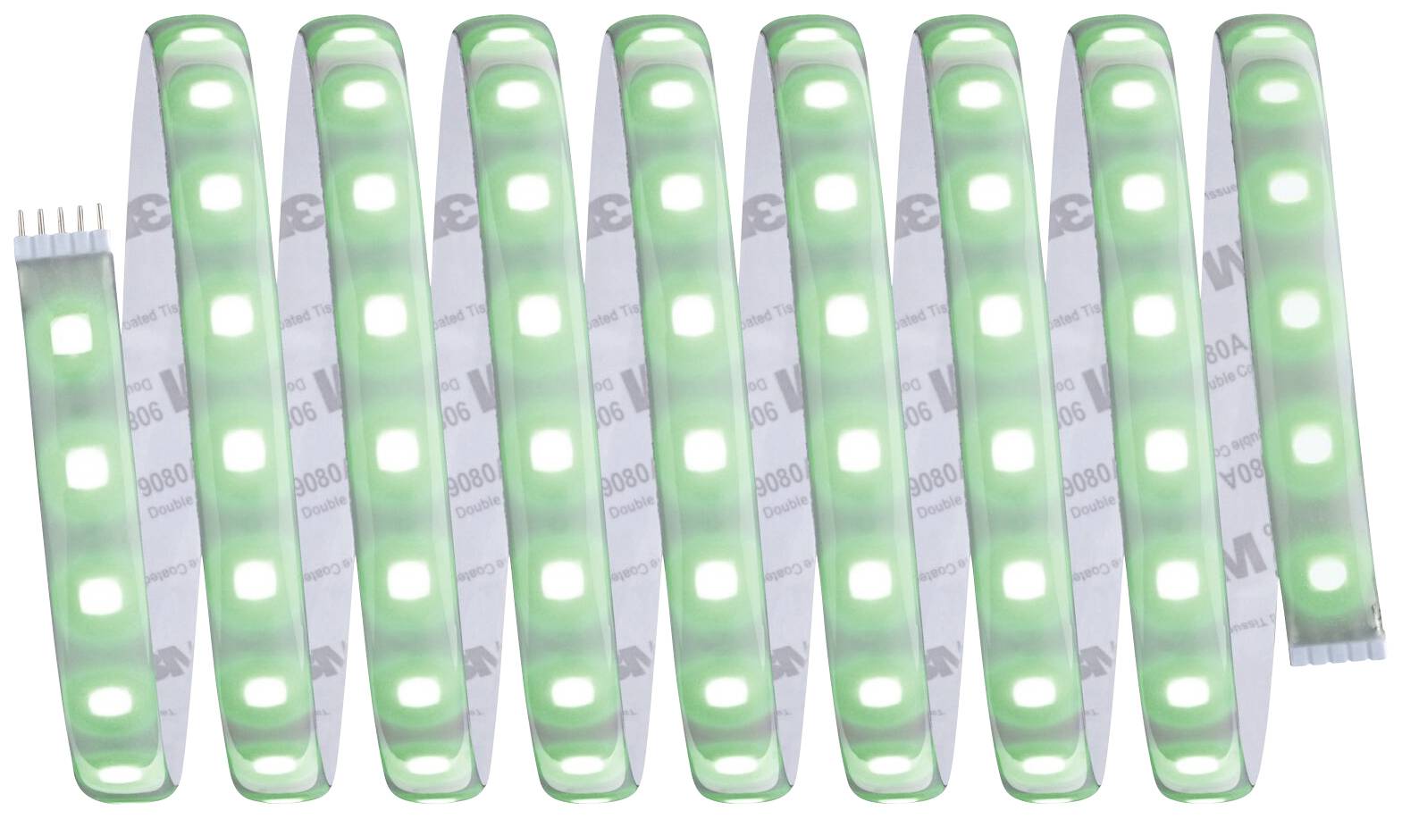 Green LED light strip with multiple illuminated diodes at regular intervals.