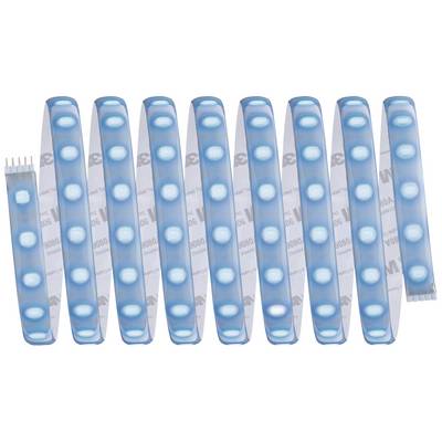 A blue LED light strip with multiple evenly distributed luminous points, arranged in a wavy pattern on a white background.