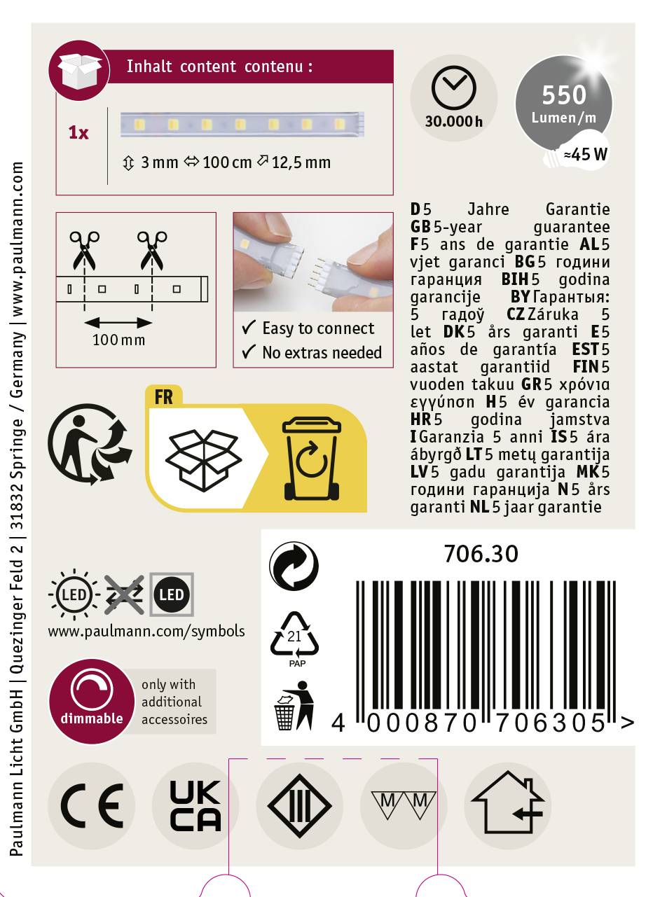 'Paulmann LED Lamp Packaging' shows installation tips, warranty information, and symbols for 30,000 hours of lifespan and 550 lumens.