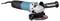 An electric angle grinder with a blue and black body, featuring a metal disc and a side handle with 'Makita' text.